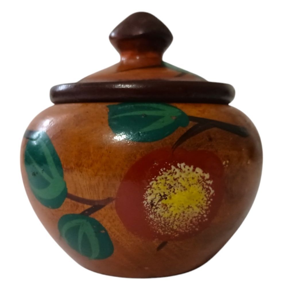 Wooden Floral Trinket Jar With Lid Hand Turned Bowl Vintage Handpainted MCM Mini